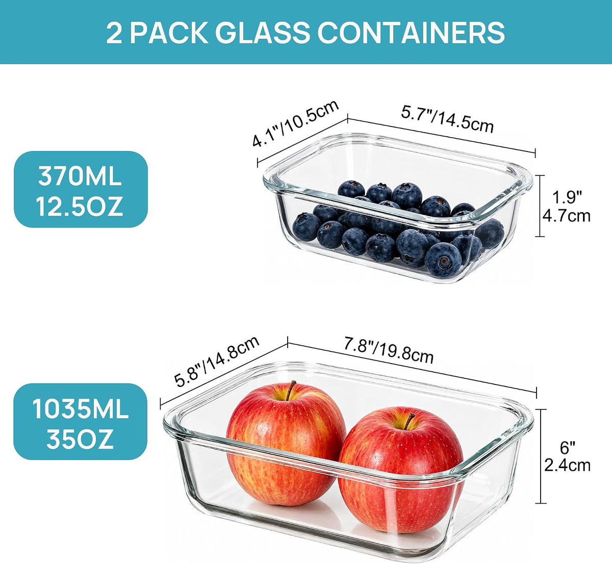 2Pack 1860ml/63oz Large Glass Storage Containers With Lids, Grey