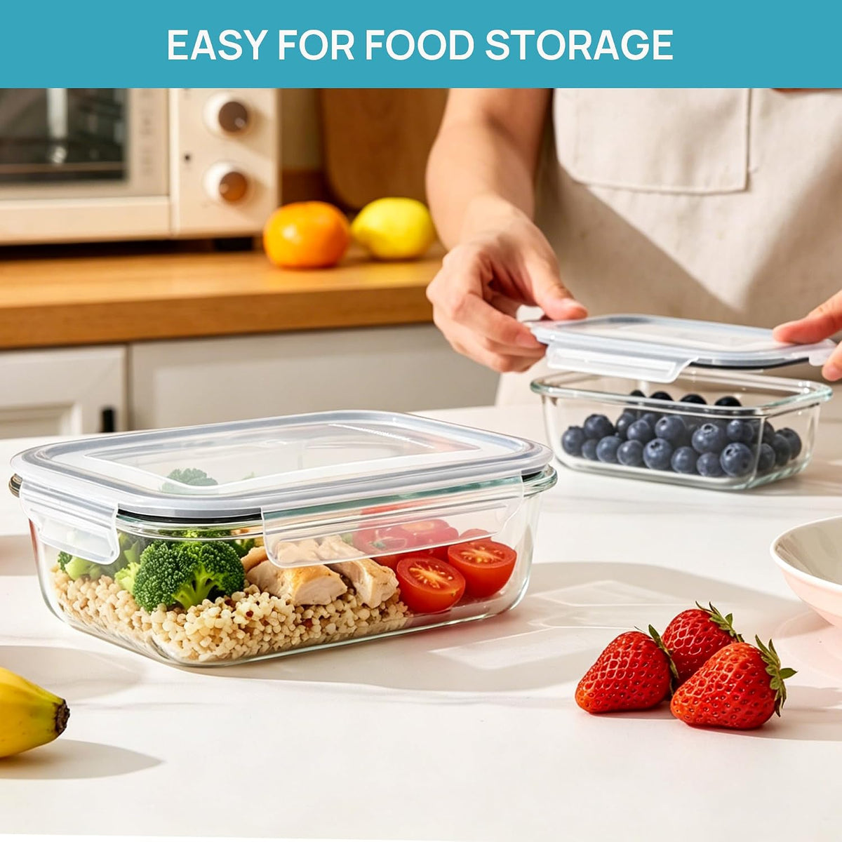 2Pack 1860ml/63oz Large Glass Storage Containers With Lids, Grey