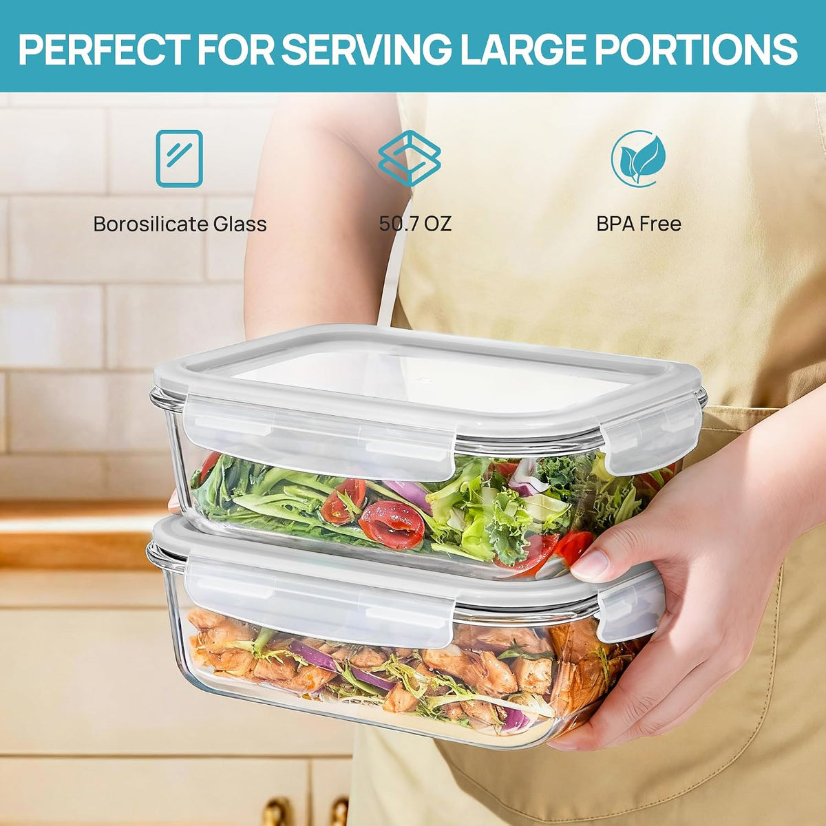 2Pack 1860ml/63oz Large Glass Storage Containers With Lids, Grey