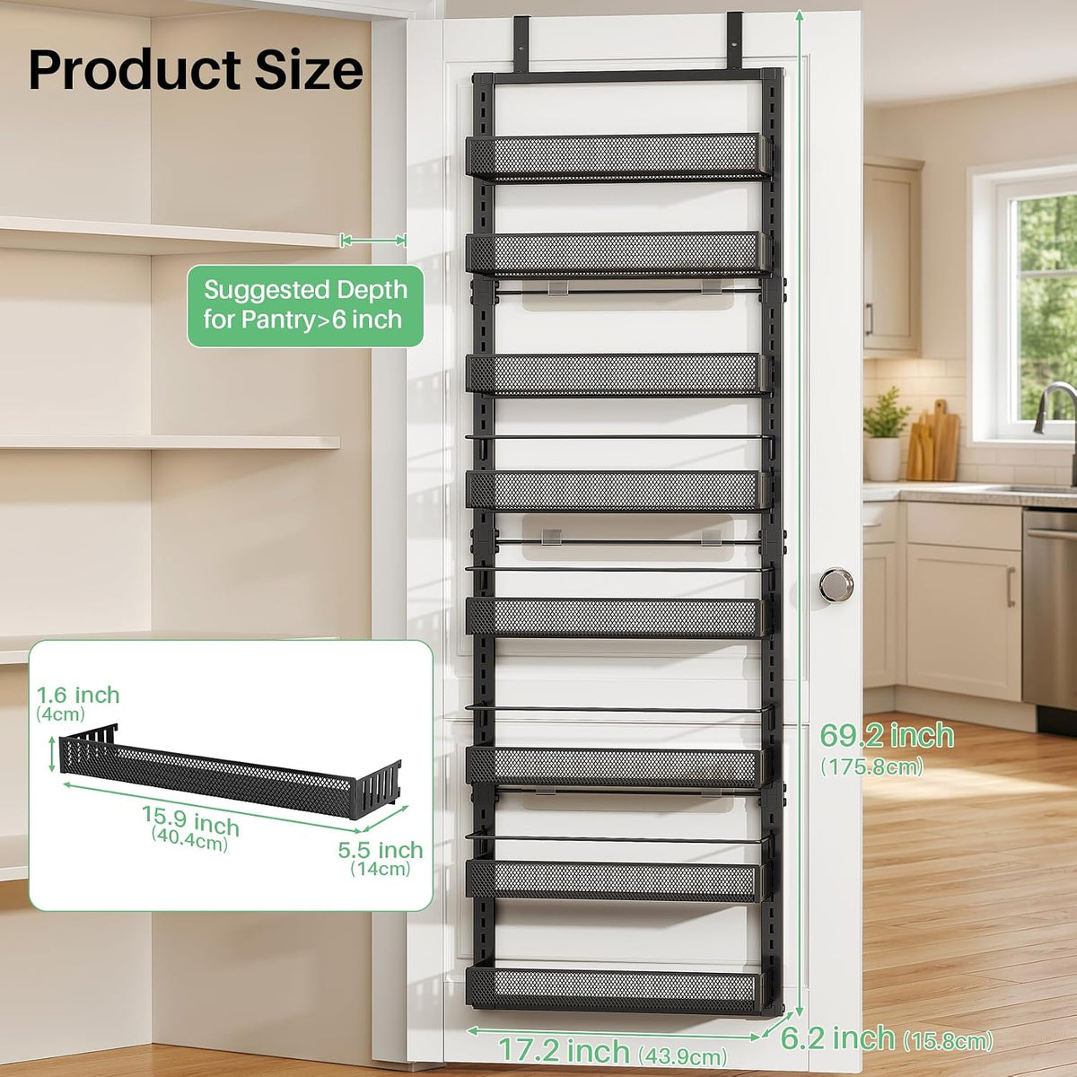 SAYZH 8 Tiers Over the Door Pantry Organizer,17.2"W x 6.2"D x 69.2"H, Black