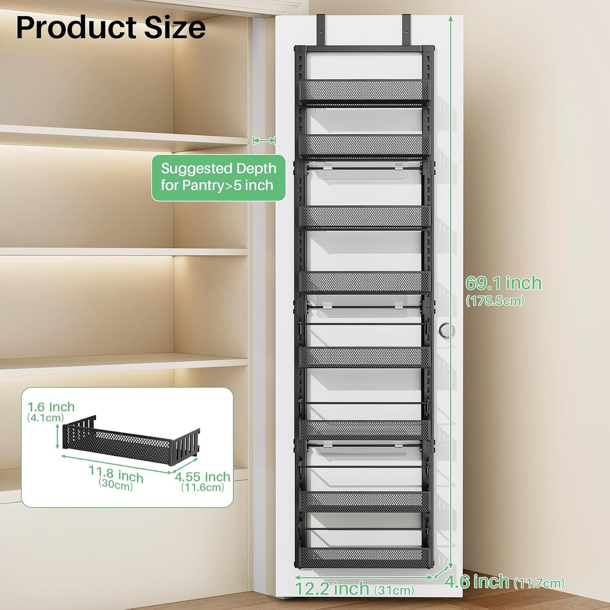 SAYZH 8 Tiers Over the Door Pantry Organizer,17.2"W x 6.2"D x 69.2"H, Black