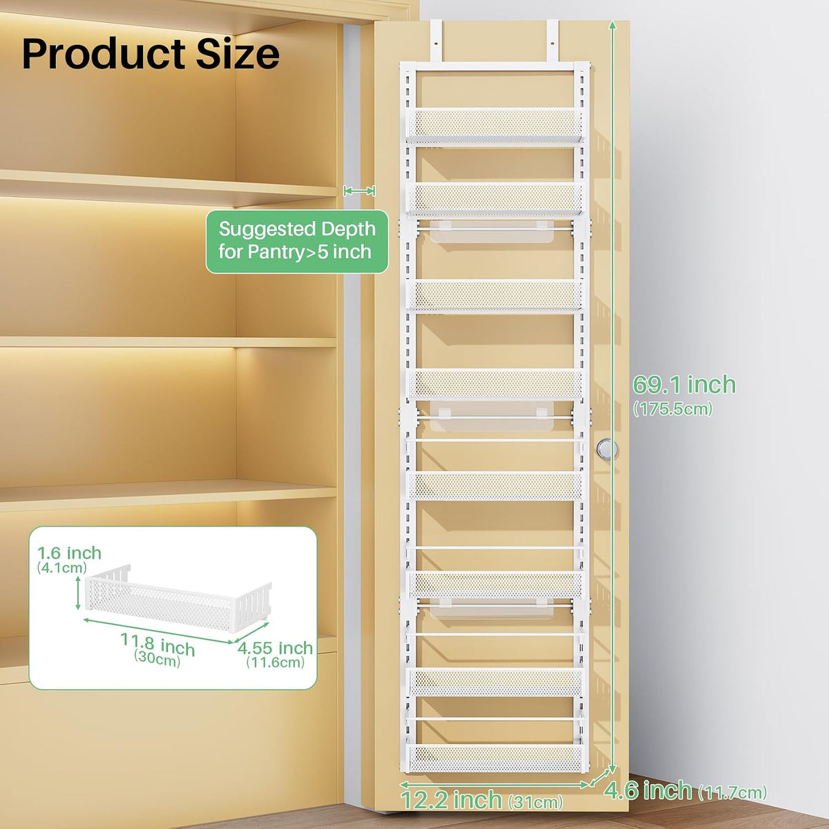 SAYZH 8 Tiers Over the Door Pantry Organizer,17.2"W x 6.2"D x 69.2"H, Black