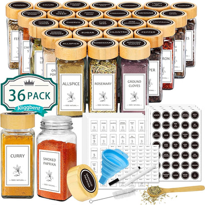 Aliggbent Spice Jars with Labels 4 oz Glass Bamboo Lids Shaker Set
