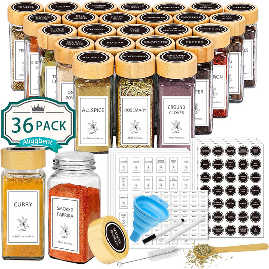 Aliggbent Spice Jars with Labels 4 oz Glass Bamboo Lids Shaker Set