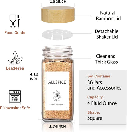 Aliggbent Spice Jars with Labels 4 oz Glass Bamboo Lids Shaker Set