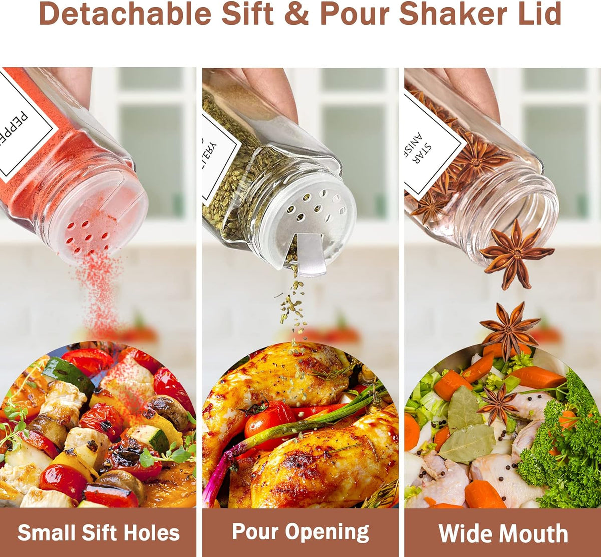 Aliggbent Spice Jars with Labels 4 oz Glass Bamboo Lids Shaker Set