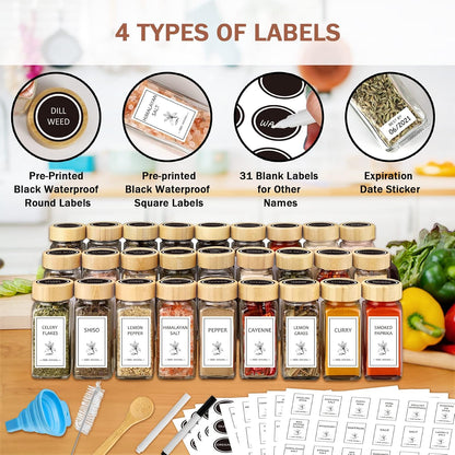 Aliggbent Spice Jars with Labels 4 oz Glass Bamboo Lids Shaker Set