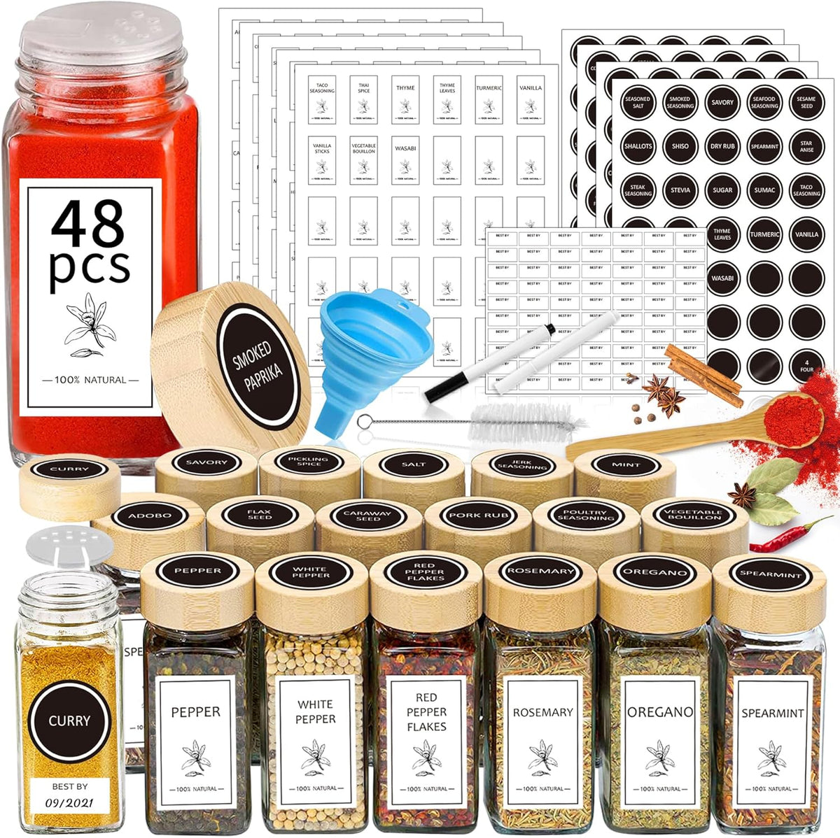 Aliggbent Spice Jars with Labels 4 oz Glass Bamboo Lids Shaker Set