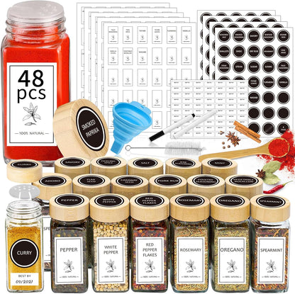Aliggbent Spice Jars with Labels 4 oz Glass Bamboo Lids Shaker Set