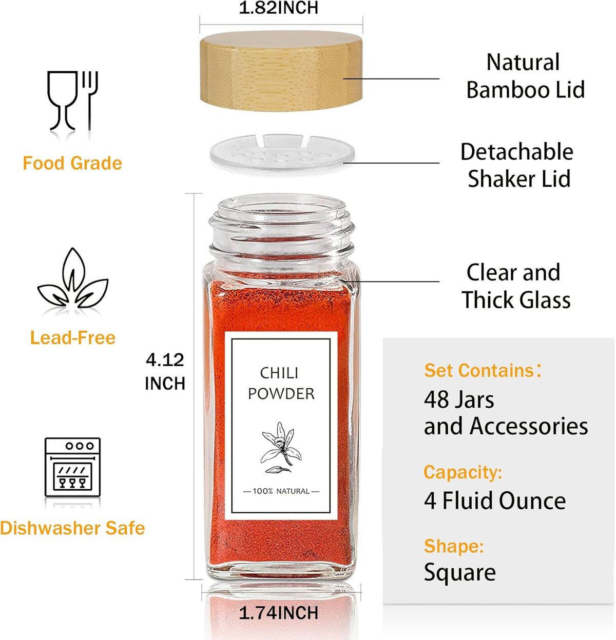 Aliggbent Spice Jars with Labels 4 oz Glass Bamboo Lids Shaker Set