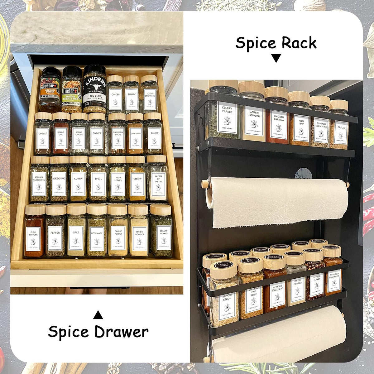 Aliggbent Spice Jars with Labels 4 oz Glass Bamboo Lids Shaker Set