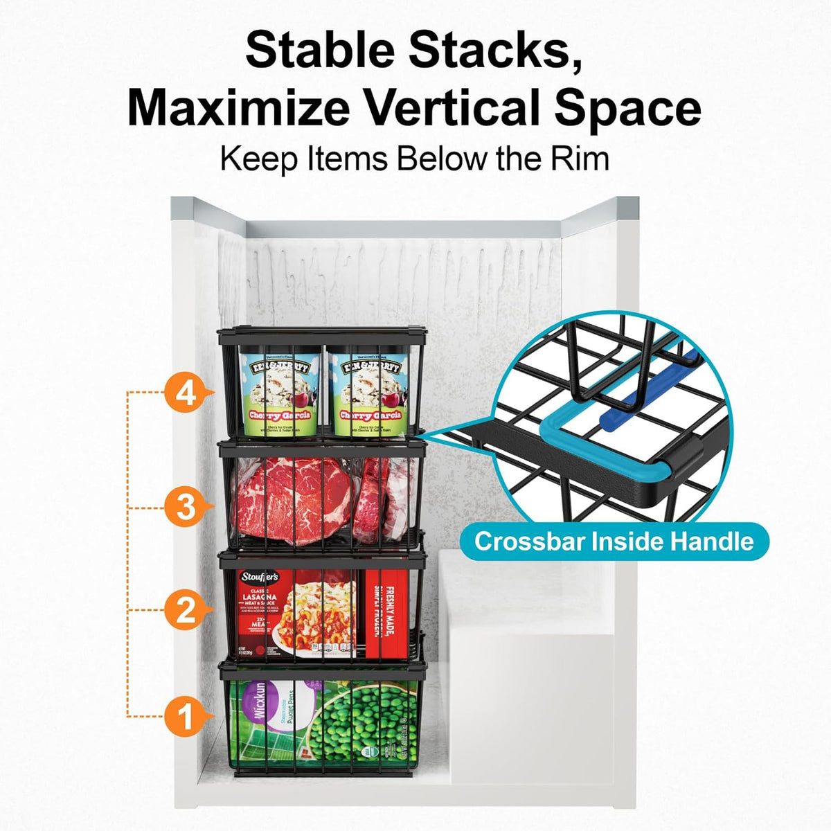 Freezer Organizer Bins - Storage Baskets for 5 Cu.Ft | Easy Food Access, Stackable Wire Storage, Vertical Space for Frozen Food, Sorts Meat, Vegetables and Bagged Items, Home