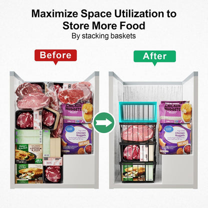 Freezer Organizer Bins - Storage Baskets for 5 Cu.Ft | Easy Food Access, Stackable Wire Storage, Vertical Space for Frozen Food, Sorts Meat, Vegetables and Bagged Items, Home