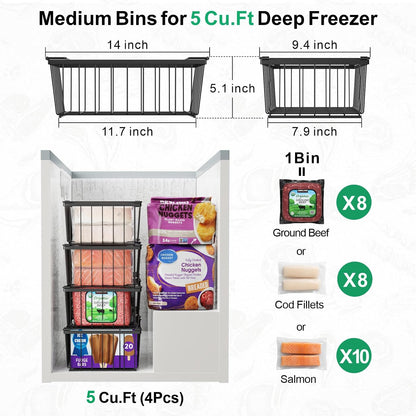 Freezer Organizer Bins - Storage Baskets for 5 Cu.Ft | Easy Food Access, Stackable Wire Storage, Vertical Space for Frozen Food, Sorts Meat, Vegetables and Bagged Items, Home