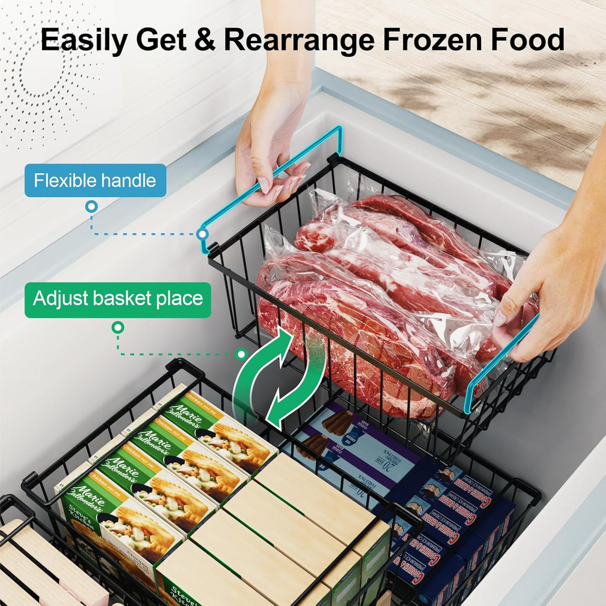 Freezer Organizer Bins - Storage Baskets for 5 Cu.Ft | Easy Food Access, Stackable Wire Storage, Vertical Space for Frozen Food, Sorts Meat, Vegetables and Bagged Items, Home