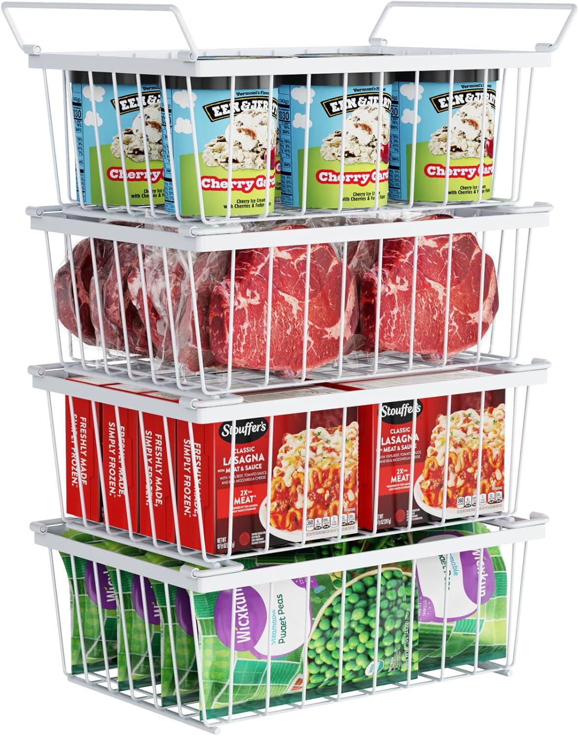 Freezer Organizer Bins - Storage Baskets for 5 Cu.Ft | Easy Food Access, Stackable Wire Storage, Vertical Space for Frozen Food, Sorts Meat, Vegetables and Bagged Items, Home