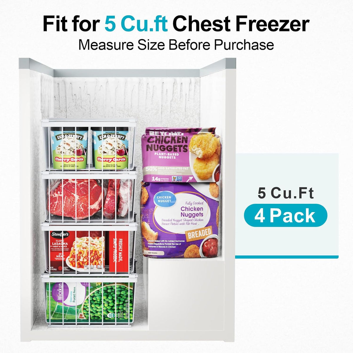 Freezer Organizer Bins - Storage Baskets for 5 Cu.Ft | Easy Food Access, Stackable Wire Storage, Vertical Space for Frozen Food, Sorts Meat, Vegetables and Bagged Items, Home