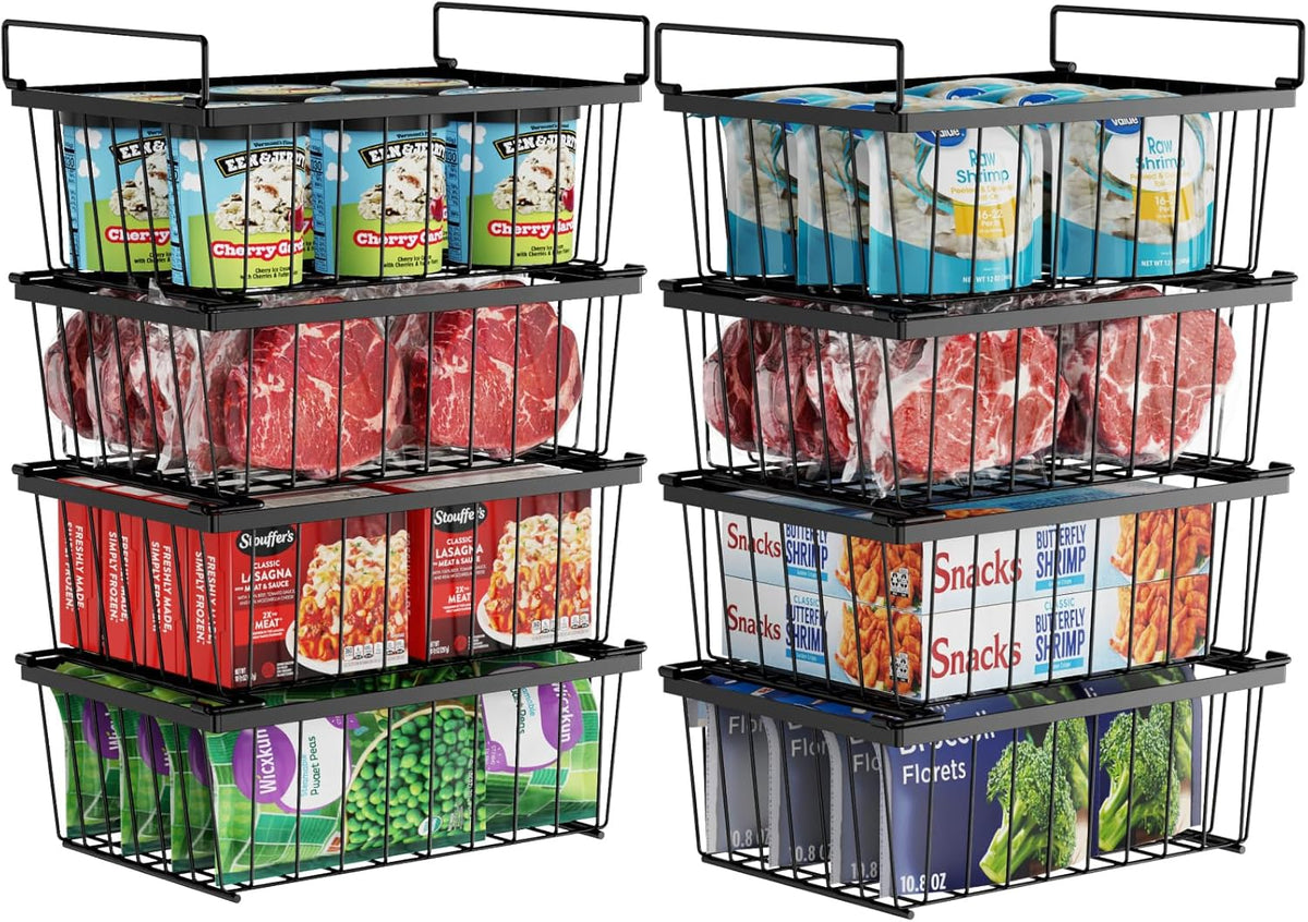 Freezer Organizer Bins - Storage Baskets for 5 Cu.Ft | Easy Food Access, Stackable Wire Storage, Vertical Space for Frozen Food, Sorts Meat, Vegetables and Bagged Items, Home