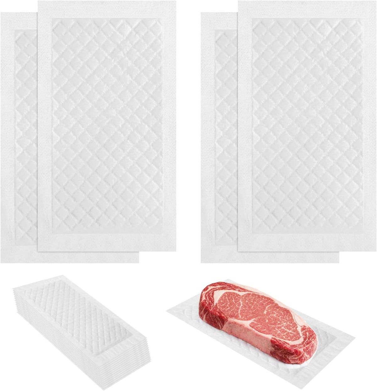 100-Piece Meat Absorbent Pads, 4x7 Inch 60 Grams Capacity Food-Grade White Soaker Pads for Meat, Fish Packaging
