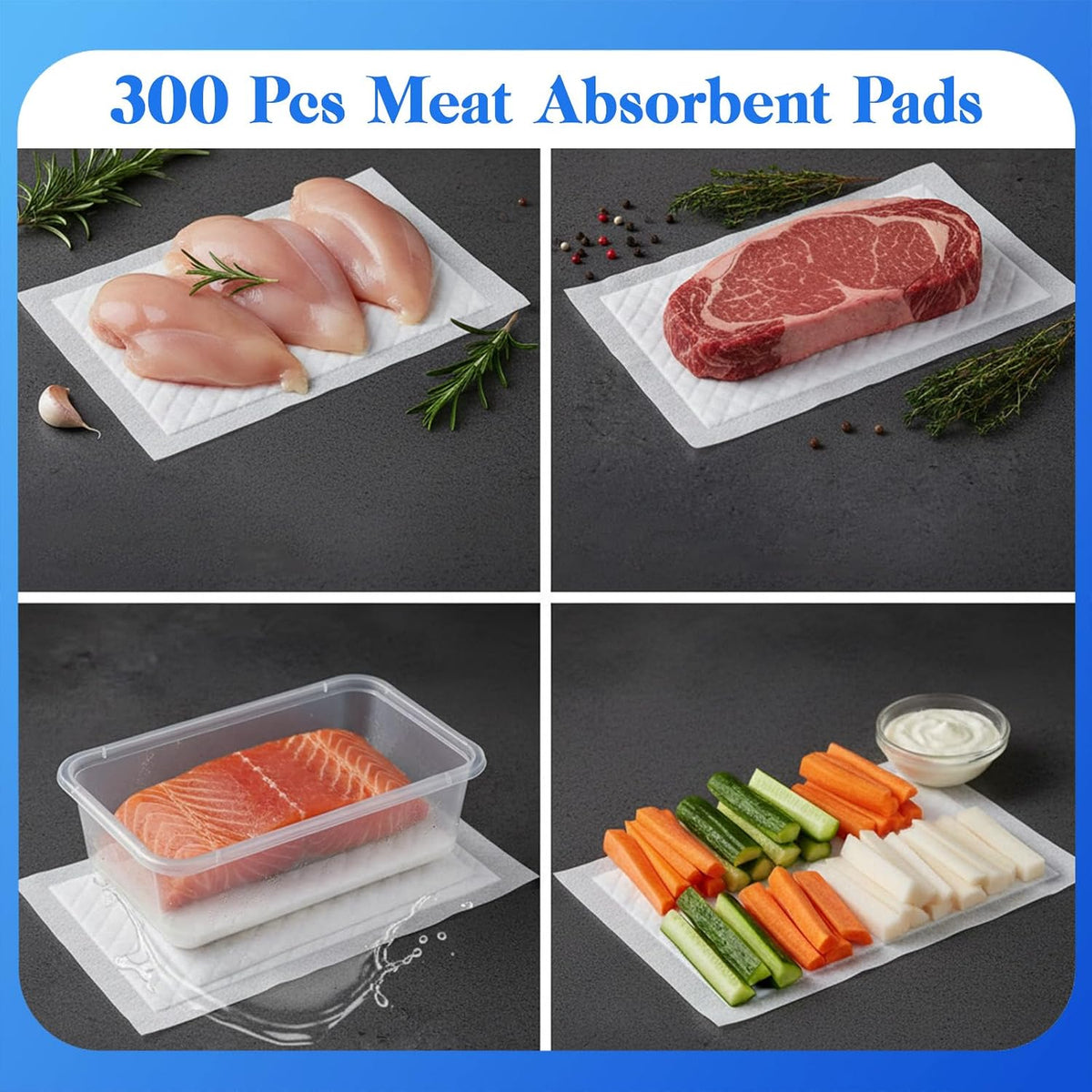 100-Piece Meat Absorbent Pads, 4x7 Inch 60 Grams Capacity Food-Grade White Soaker Pads for Meat, Fish Packaging