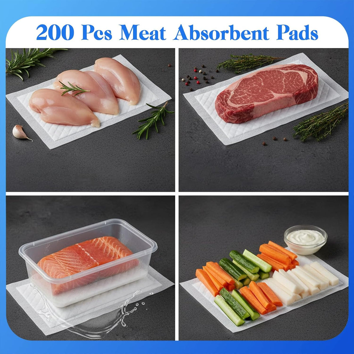 100-Piece Meat Absorbent Pads, 4x7 Inch 60 Grams Capacity Food-Grade White Soaker Pads for Meat, Fish Packaging