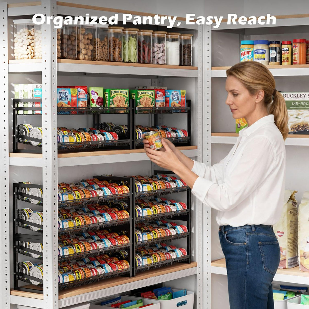 Can Organizer for Pantry - Expandable Width, Holds 48 Cans, Black | First-In First-Out Flow, Adjustable Width for Soda, Soup and Food Cans, For Pantry Shelf Storage and Easy Restocking