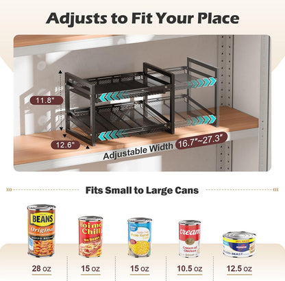 Can Organizer for Pantry - Expandable Width, Holds 48 Cans, Black | First-In First-Out Flow, Adjustable Width for Soda, Soup and Food Cans, For Pantry Shelf Storage and Easy Restocking