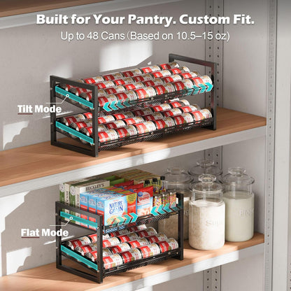Can Organizer for Pantry - Expandable Width, Holds 48 Cans, Black | First-In First-Out Flow, Adjustable Width for Soda, Soup and Food Cans, For Pantry Shelf Storage and Easy Restocking