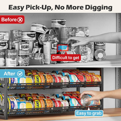 Can Organizer for Pantry - Expandable Width, Holds 48 Cans, Black | First-In First-Out Flow, Adjustable Width for Soda, Soup and Food Cans, For Pantry Shelf Storage and Easy Restocking