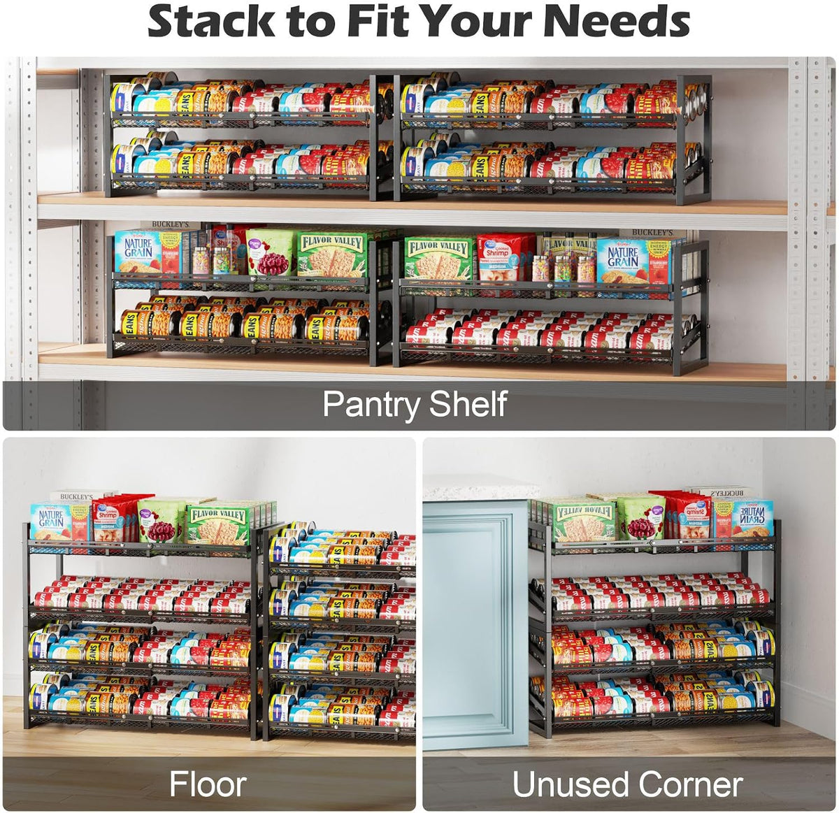 Can Organizer for Pantry - Expandable Width, Holds 48 Cans, Black | First-In First-Out Flow, Adjustable Width for Soda, Soup and Food Cans, For Pantry Shelf Storage and Easy Restocking