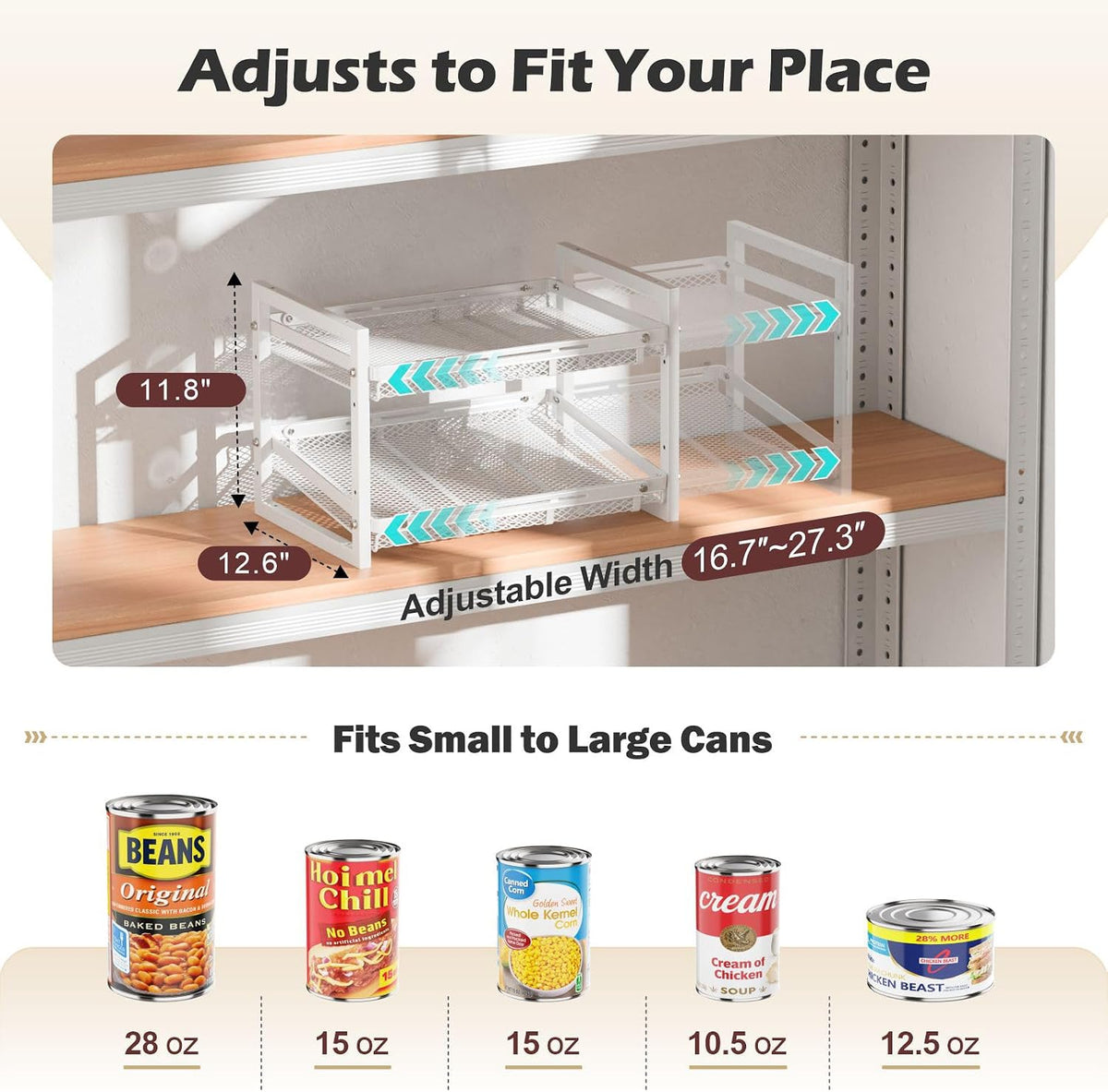 Can Organizer for Pantry - Expandable Width, Holds 48 Cans, Black | First-In First-Out Flow, Adjustable Width for Soda, Soup and Food Cans, For Pantry Shelf Storage and Easy Restocking