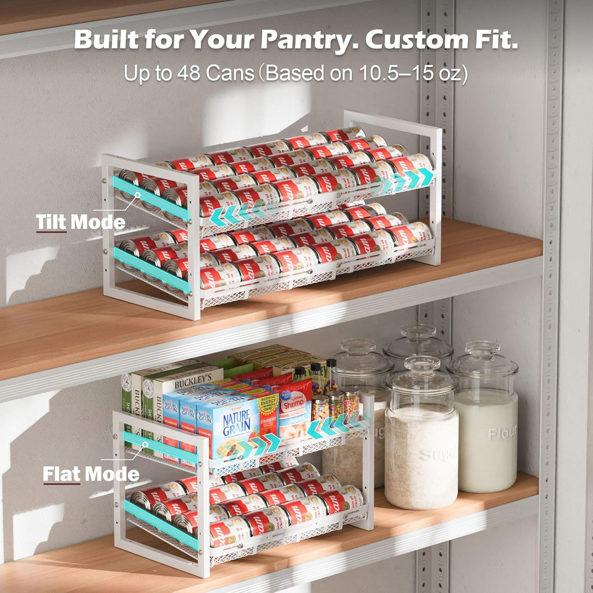 Can Organizer for Pantry - Expandable Width, Holds 48 Cans, Black | First-In First-Out Flow, Adjustable Width for Soda, Soup and Food Cans, For Pantry Shelf Storage and Easy Restocking