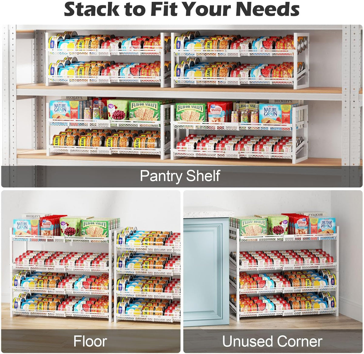 Can Organizer for Pantry - Expandable Width, Holds 48 Cans, Black | First-In First-Out Flow, Adjustable Width for Soda, Soup and Food Cans, For Pantry Shelf Storage and Easy Restocking