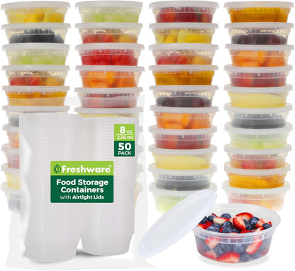Food Storage Containers 8 oz Plastic Deli Containers with Lids, Slime, Soup, Meal Prep Containers | BPA Free | Stackable | Leakproof | Microwave/Dishwasher/Freezer Safe