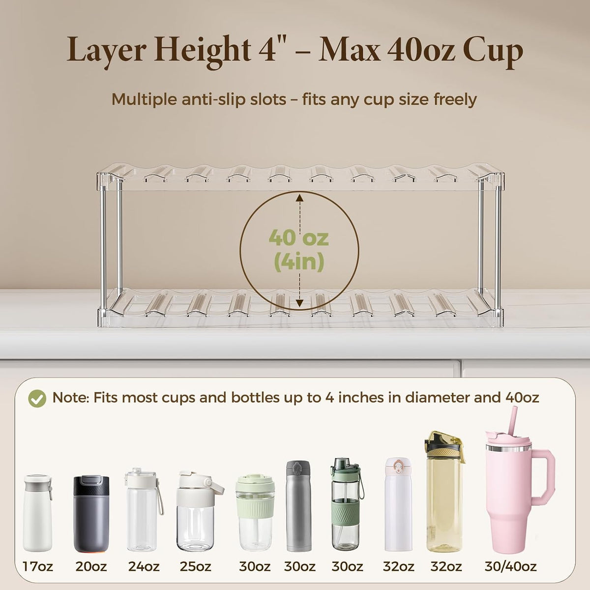 LAMU Stackable Water Bottle Organizer Holder Tumbler Cup Storage Rack | 3 Tier Clear PET Holder for Stanley 16-40oz Large Water Bottle Tumbler Cup Storage for Kitchen Cabinet Pantry Countertop
