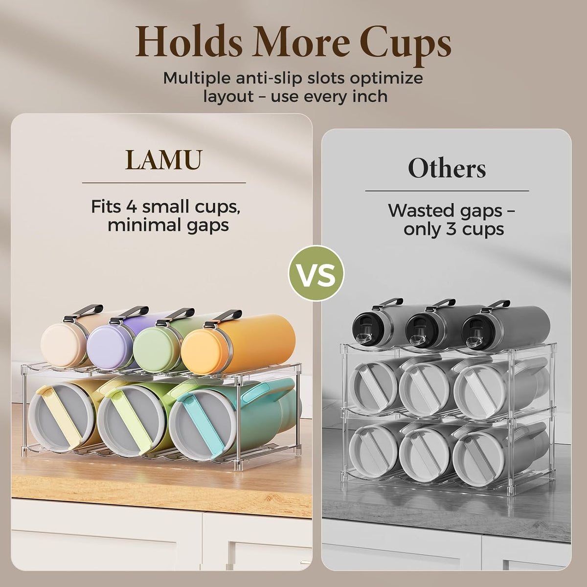 LAMU Stackable Water Bottle Organizer Holder Tumbler Cup Storage Rack | 3 Tier Clear PET Holder for Stanley 16-40oz Large Water Bottle Tumbler Cup Storage for Kitchen Cabinet Pantry Countertop