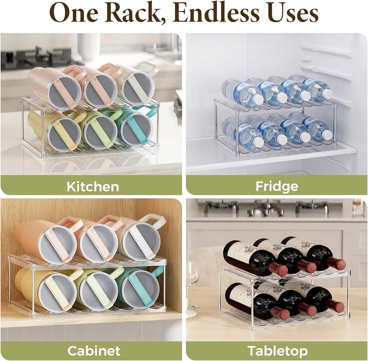 LAMU Stackable Water Bottle Organizer Holder Tumbler Cup Storage Rack | 3 Tier Clear PET Holder for Stanley 16-40oz Large Water Bottle Tumbler Cup Storage for Kitchen Cabinet Pantry Countertop