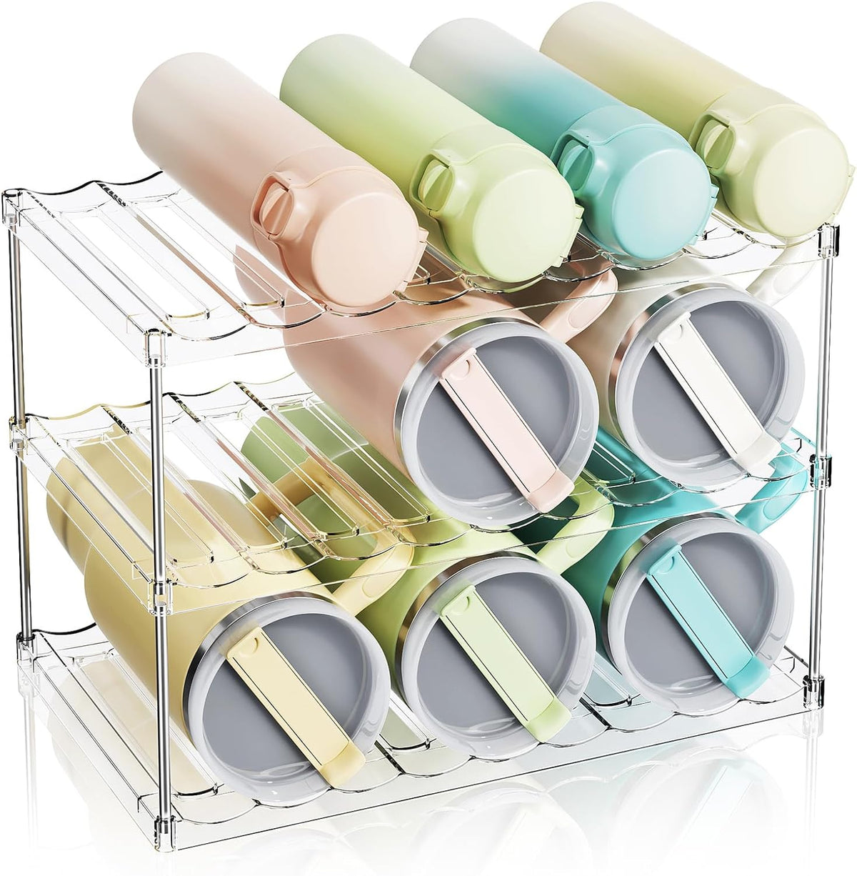 LAMU Stackable Water Bottle Organizer Holder Tumbler Cup Storage Rack | 3 Tier Clear PET Holder for Stanley 16-40oz Large Water Bottle Tumbler Cup Storage for Kitchen Cabinet Pantry Countertop