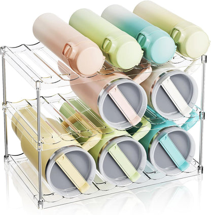 LAMU Stackable Water Bottle Organizer Holder Tumbler Cup Storage Rack | 3 Tier Clear PET Holder for Stanley 16-40oz Large Water Bottle Tumbler Cup Storage for Kitchen Cabinet Pantry Countertop