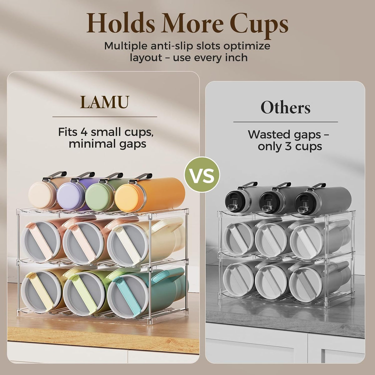 LAMU Stackable Water Bottle Organizer Holder Tumbler Cup Storage Rack | 3 Tier Clear PET Holder for Stanley 16-40oz Large Water Bottle Tumbler Cup Storage for Kitchen Cabinet Pantry Countertop