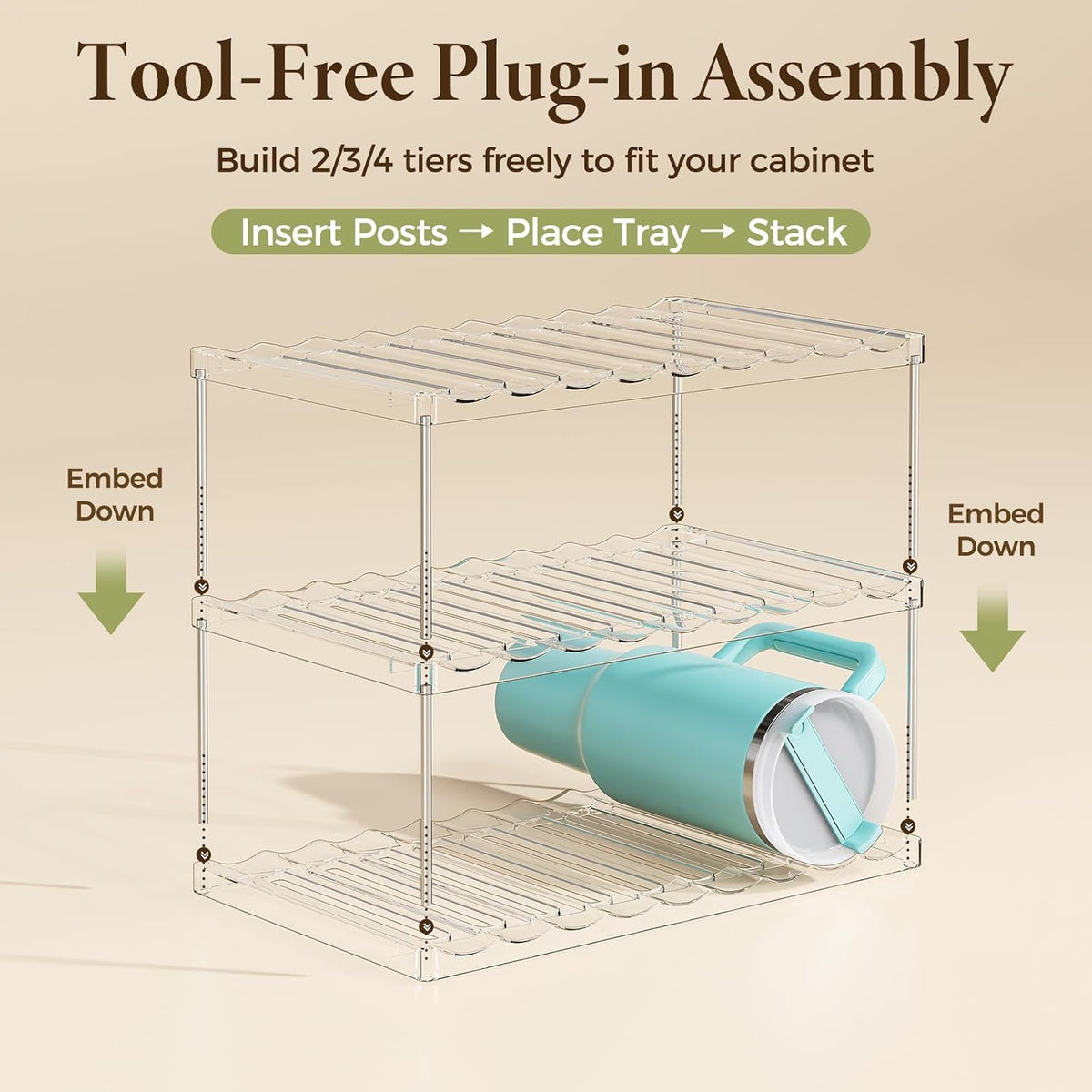 LAMU Stackable Water Bottle Organizer Holder Tumbler Cup Storage Rack | 3 Tier Clear PET Holder for Stanley 16-40oz Large Water Bottle Tumbler Cup Storage for Kitchen Cabinet Pantry Countertop