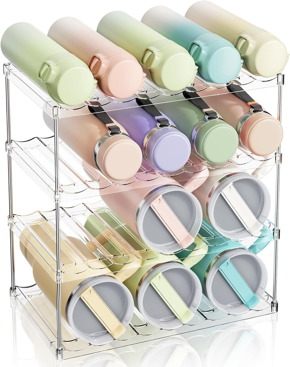 LAMU Stackable Water Bottle Organizer Holder Tumbler Cup Storage Rack | 3 Tier Clear PET Holder for Stanley 16-40oz Large Water Bottle Tumbler Cup Storage for Kitchen Cabinet Pantry Countertop