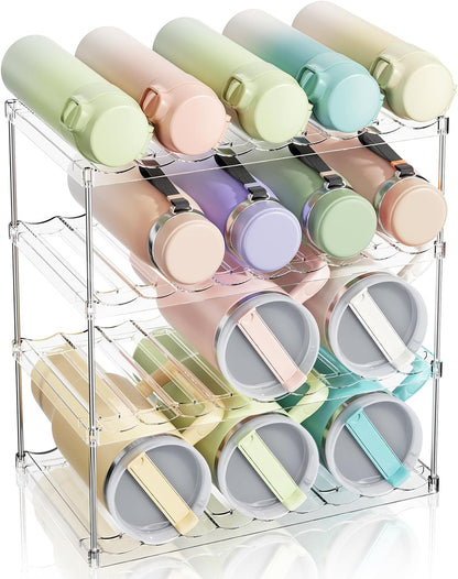 LAMU Stackable Water Bottle Organizer Holder Tumbler Cup Storage Rack | 3 Tier Clear PET Holder for Stanley 16-40oz Large Water Bottle Tumbler Cup Storage for Kitchen Cabinet Pantry Countertop