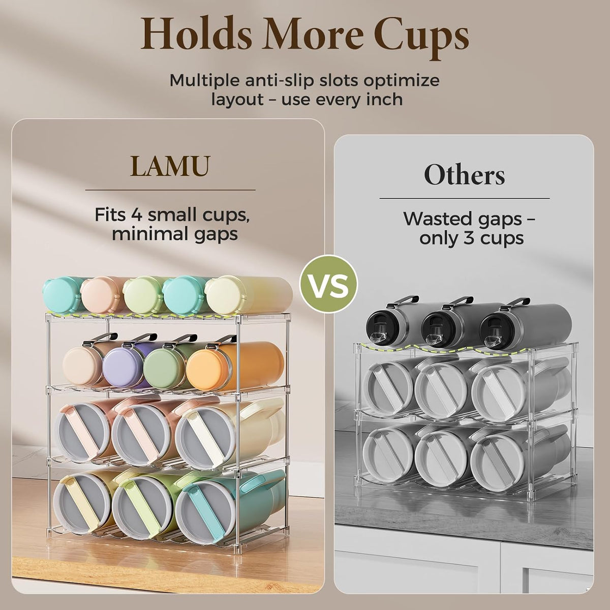 LAMU Stackable Water Bottle Organizer Holder Tumbler Cup Storage Rack | 3 Tier Clear PET Holder for Stanley 16-40oz Large Water Bottle Tumbler Cup Storage for Kitchen Cabinet Pantry Countertop