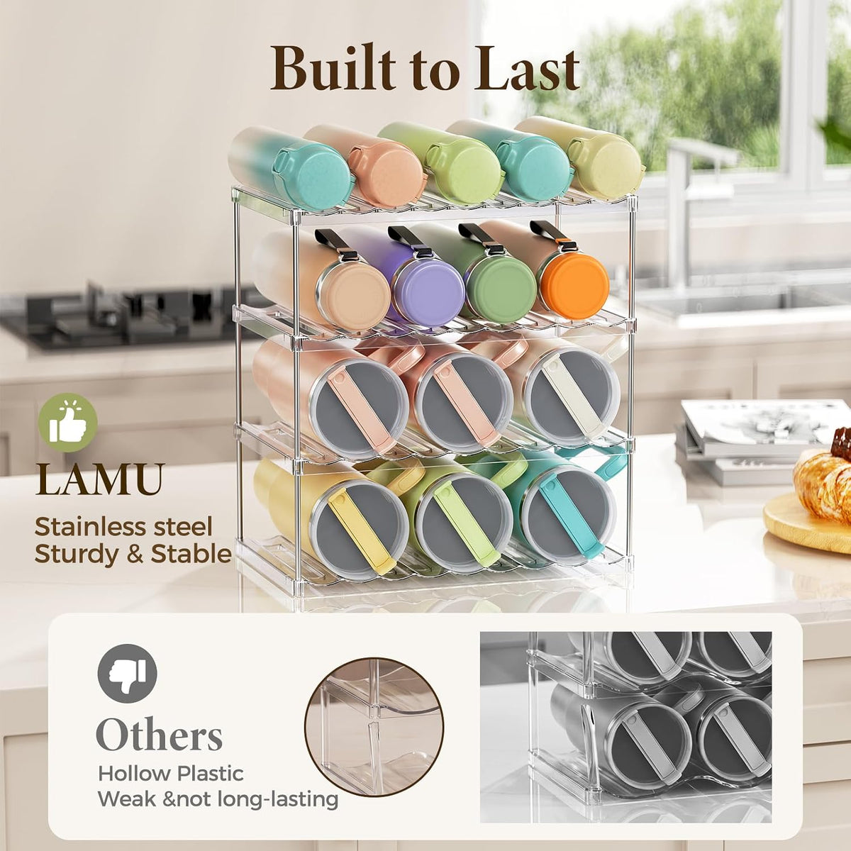 LAMU Stackable Water Bottle Organizer Holder Tumbler Cup Storage Rack | 3 Tier Clear PET Holder for Stanley 16-40oz Large Water Bottle Tumbler Cup Storage for Kitchen Cabinet Pantry Countertop