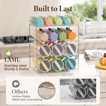 LAMU Stackable Water Bottle Organizer Holder Tumbler Cup Storage Rack | 3 Tier Clear PET Holder for Stanley 16-40oz Large Water Bottle Tumbler Cup Storage for Kitchen Cabinet Pantry Countertop