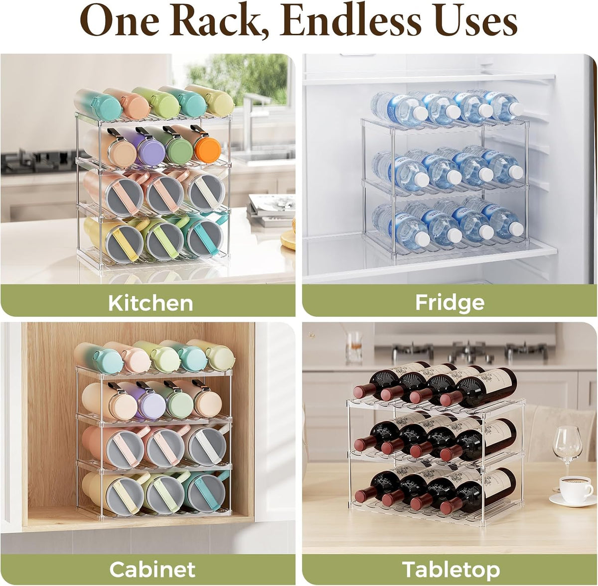 LAMU Stackable Water Bottle Organizer Holder Tumbler Cup Storage Rack | 3 Tier Clear PET Holder for Stanley 16-40oz Large Water Bottle Tumbler Cup Storage for Kitchen Cabinet Pantry Countertop