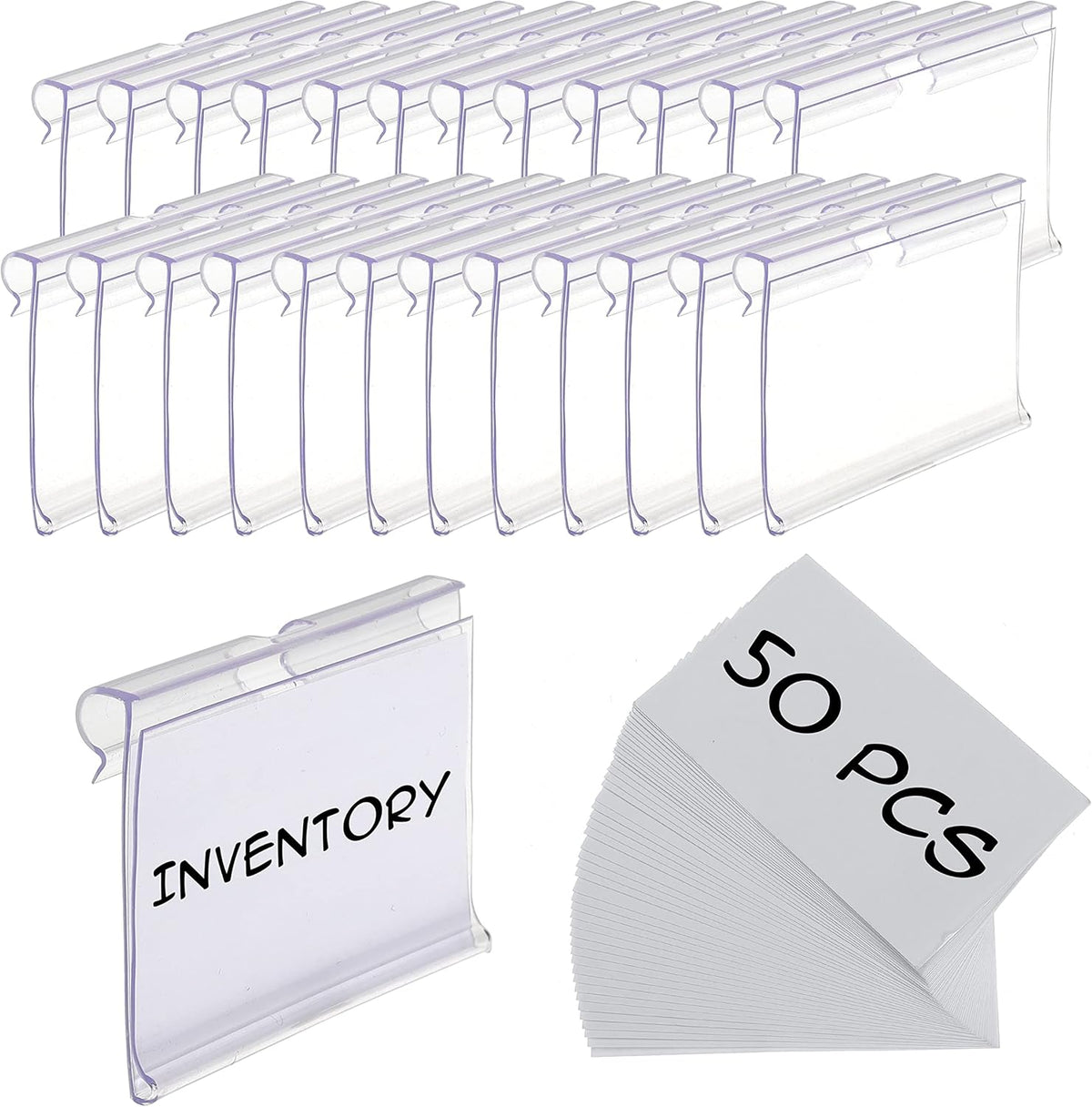 50pcs Labels for Storage Bins Plastic Label Clip, Basket Labels Clip On Wire Shelf Price Label Holder Merchandise Sign Display Holder, 50pcs Label Insert Included (1.96IN*1.65IN)