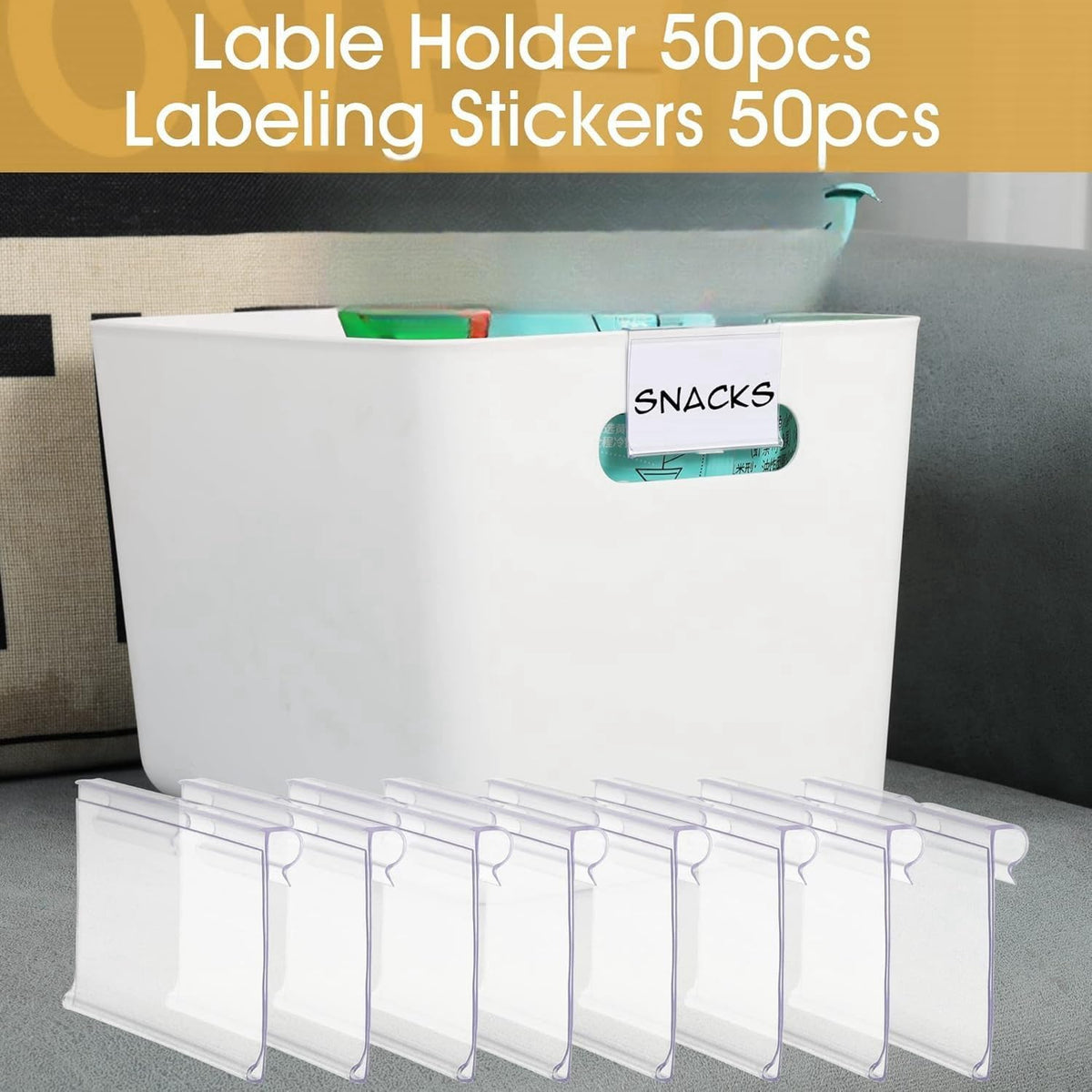 50pcs Labels for Storage Bins Plastic Label Clip, Basket Labels Clip On Wire Shelf Price Label Holder Merchandise Sign Display Holder, 50pcs Label Insert Included (1.96IN*1.65IN)
