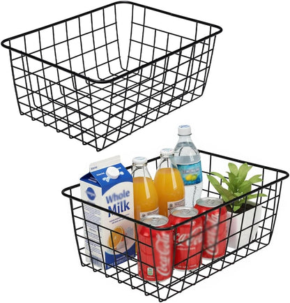 LeleCAT Large black wire basket for Organizing with Wooden Handles,pantry refrigerator organizers and storage,Snack Storage Baskets for Cabinets, Closets, Bedrooms, kitchen -2pack（Black）